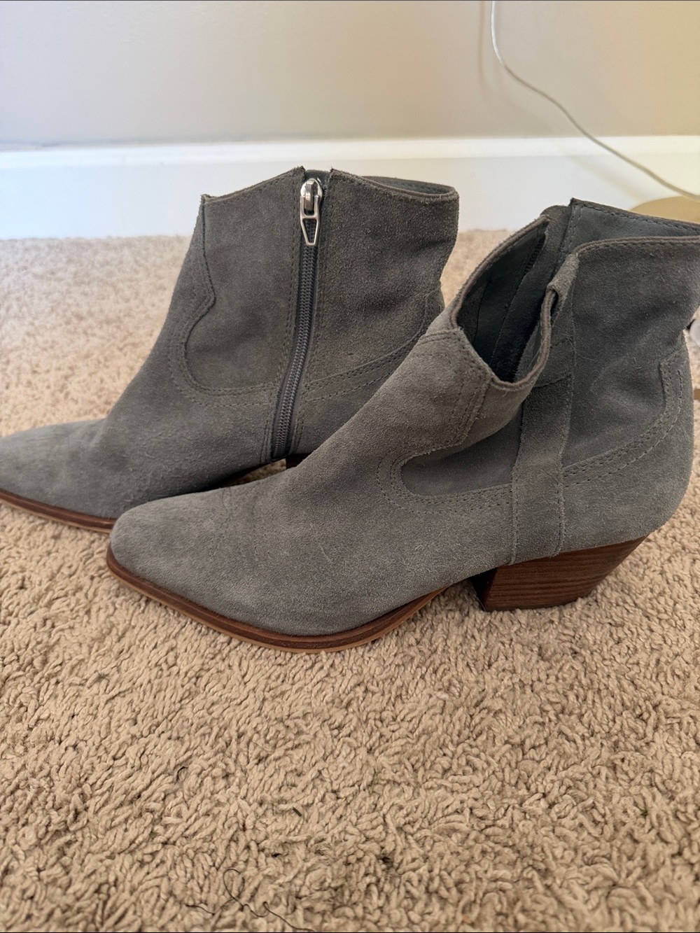 Dolce Vita Gray Suede Ankle Booties with Stacked Heel